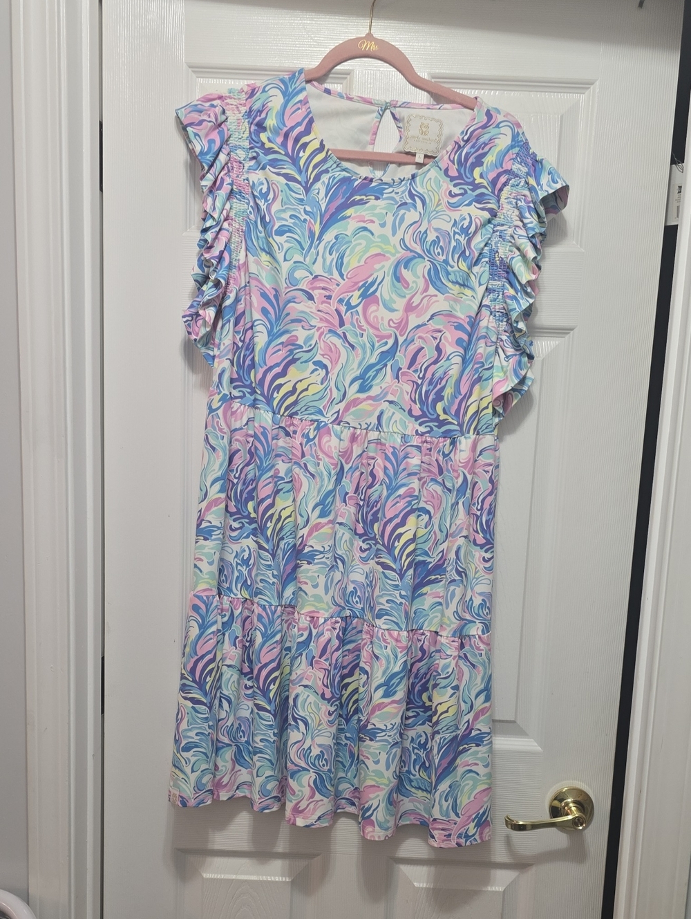 Simply Southern Pastel Swirl Ruffle Midi Dress in Blue, Pink, Yellow